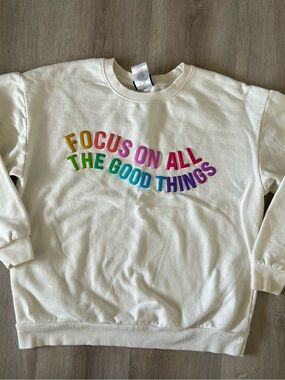 White Crewneck Sweatshirt with Rainbow 'Focus On All The Good Things'